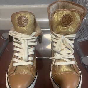 Tory Burch Gold and Tan Sneakers
